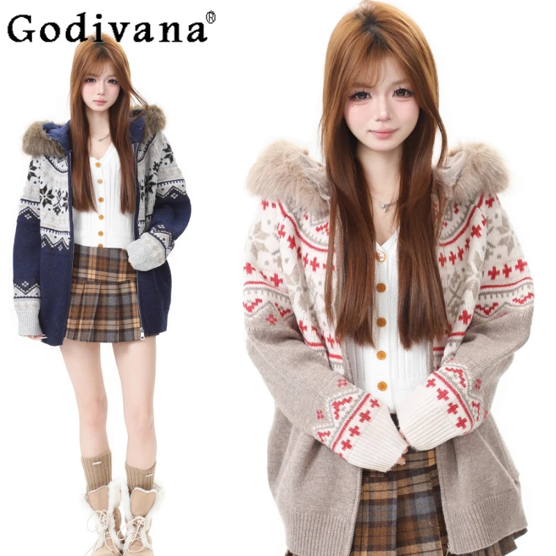 

Autumn Winter Hooded Sweater for Women Retro Jacquard Fur Collar Cardigan Female Japanese Style Warm Knitted Sweater Coat