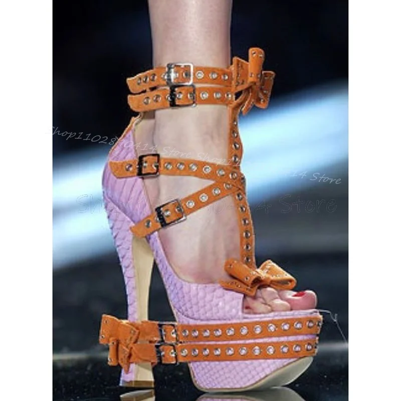 Purple Buckle Bow Knot Decor Platform Sandals Boots Ankle Buckle Strap Women Shoes Thin High Heels Sexy 2024 Zapatos Para Mujere