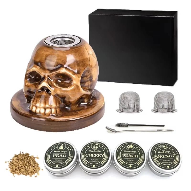 Skull-Shaped Ceramic Cocktail Smoking Kit–4-Flavor Wood Chips Set for Whiskey&Craft Cocktails,Unique Gift for Bar Enthusiasts