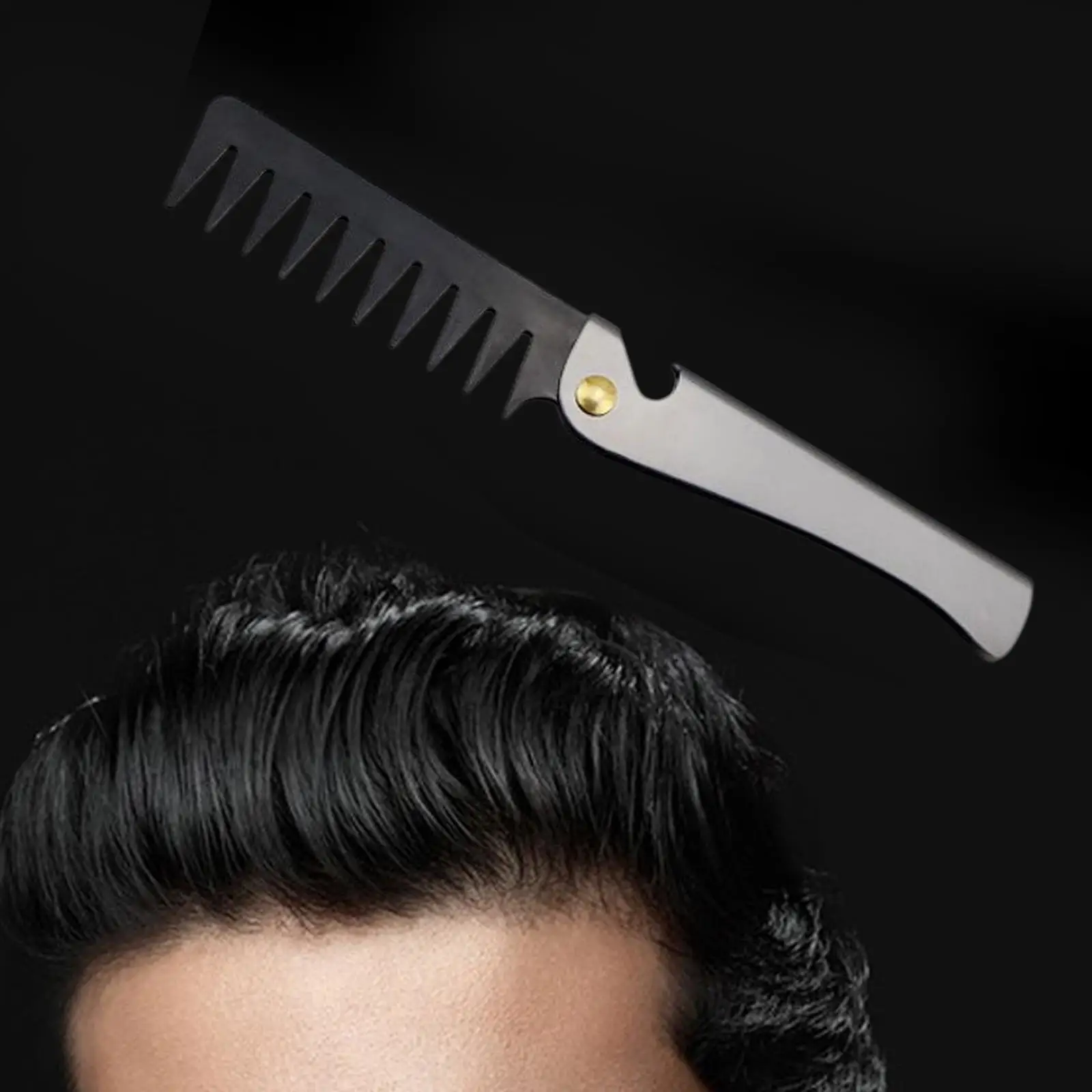 مشط برأس زيت قابل للطي عتيق ، مقبض من الفولاذ المقاوم للصدأ ، استخدم جافة أو مع بلسم