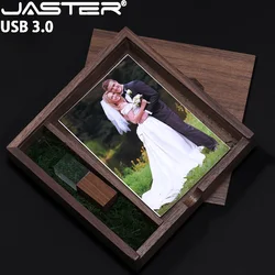 JASTER USB 3.0 Flash Drive Crystal walnut wood box Pen Drive Free custom logo Memory Stick Photography Wedding Gift Pendrive 64G