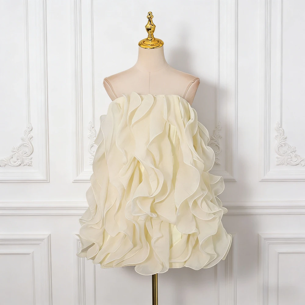 VGH Sexy soirée épissé volants robe de bal pour les femmes sans bretelles sans manches taille haute Patchwork fermeture éclair robe courte Style féminin