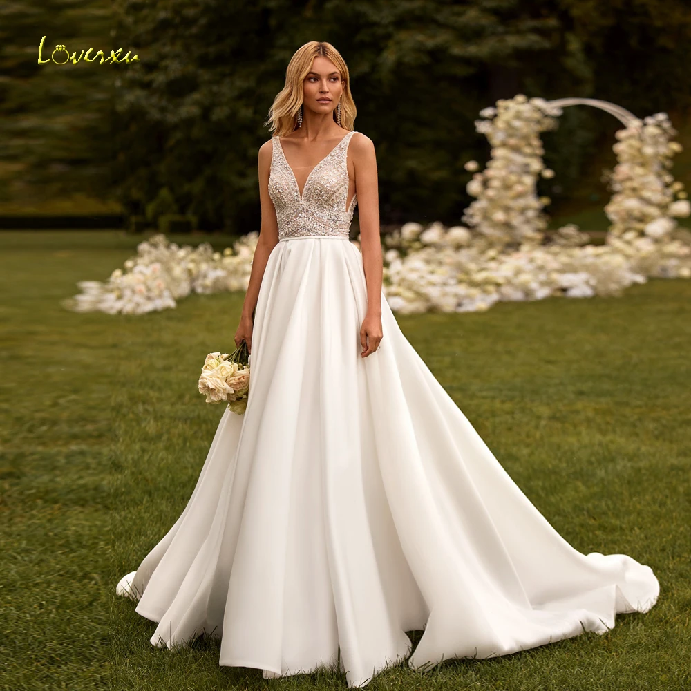 

Loverxu A-Line Illusion Wedding Dresses 2024 V-Neck Sleeveless Vestido De Novia Beading Sequined Tulle Bow Robe De Mariee