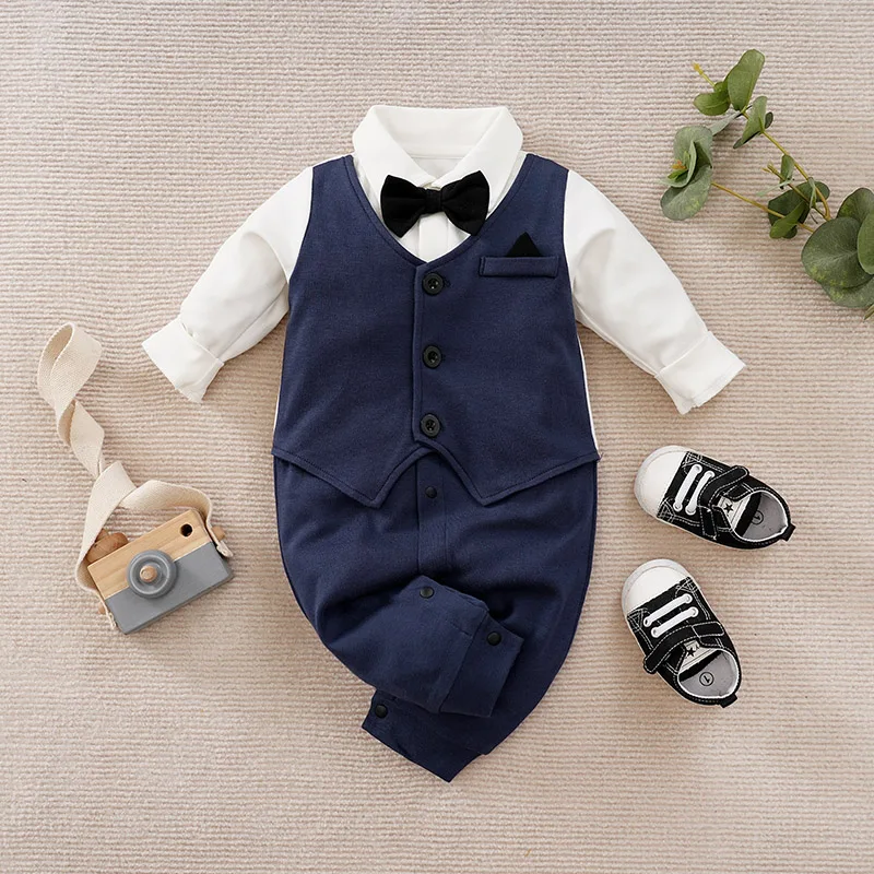 Neonato tuta bambino Casual gentiluomo fiocco confortevole cotone primavera e autunno blu Navy tuta a maniche lunghe