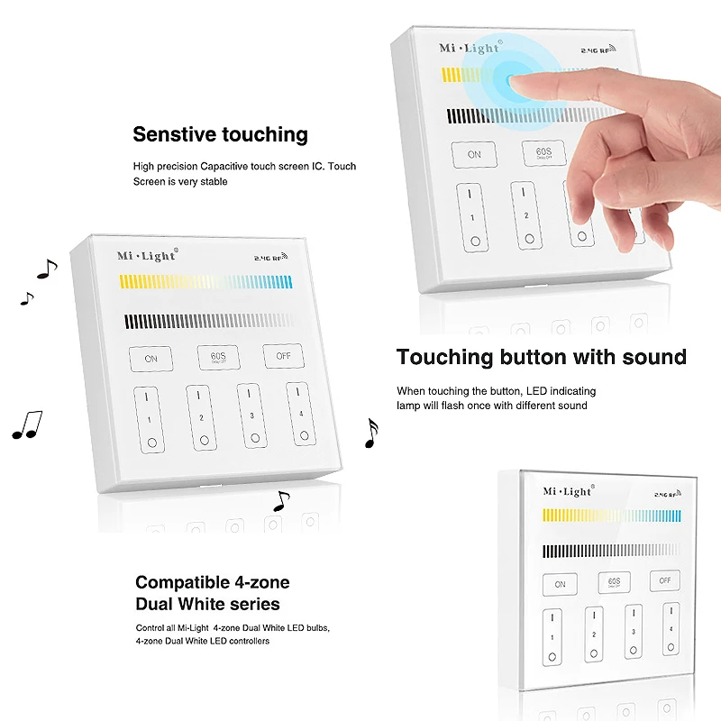 Miboxer B2 2.4G 4-strefowy 86, panel dotykowy, regulacja jasności, wyłącznik czasowy, temperatura barwowa/podwójny biały do lamp LED/sterownik