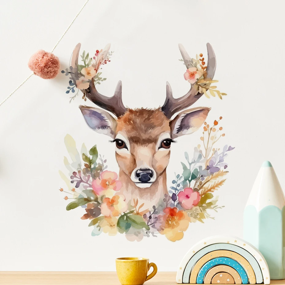 

Watercolor Deer Flowers Wall Sticker Children's Room Forest Animals Nursery Baby Room Wall Decoration Sticker Wall Decal Girls