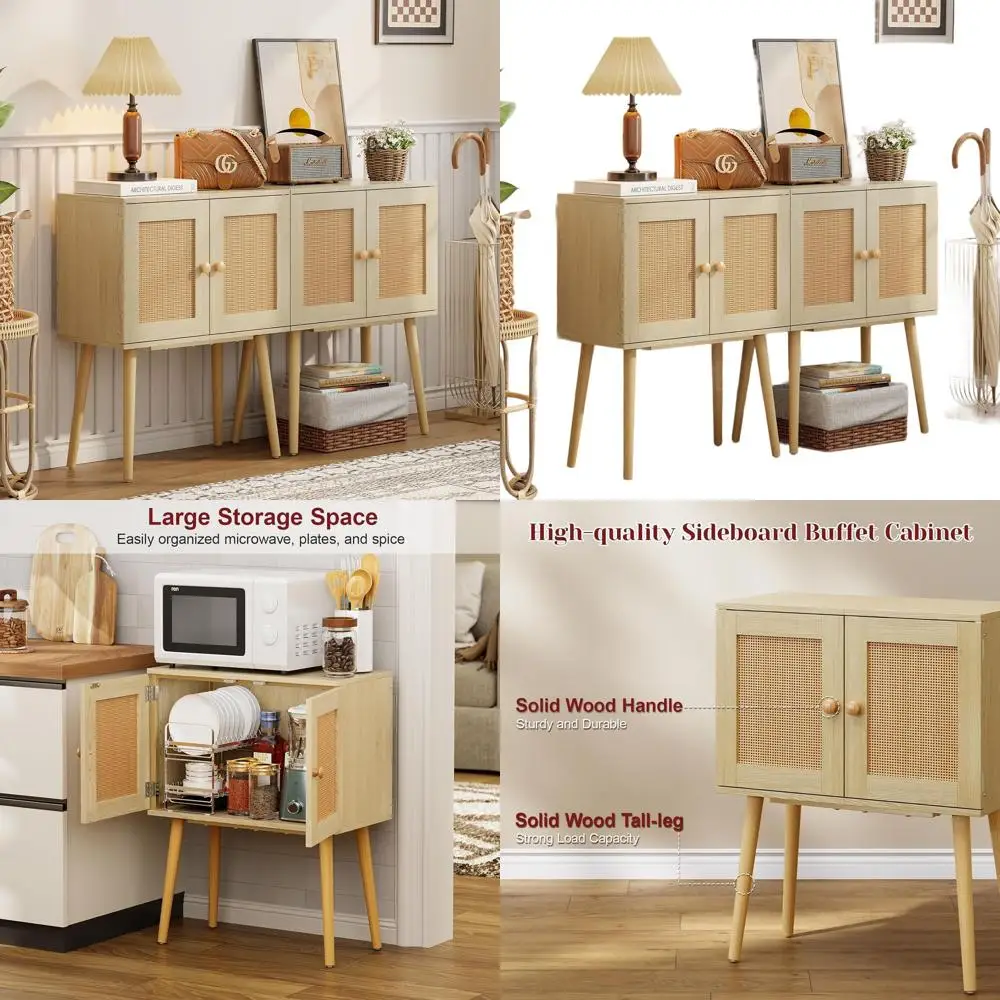

Rustic Rattan-Door Sideboard, Compact Coffee Bar Cabinet with Solid Wood Legs, Bohemian Media Console for Kitchen & Living Space