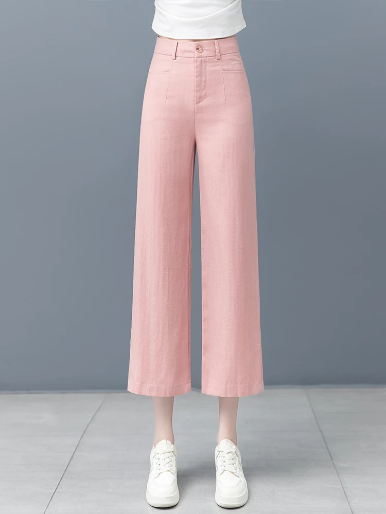 

Pink Linen Wide Leg Pants Women Summer Thin New Small Size High Waist Casual Nine Point Straight Tube Pants