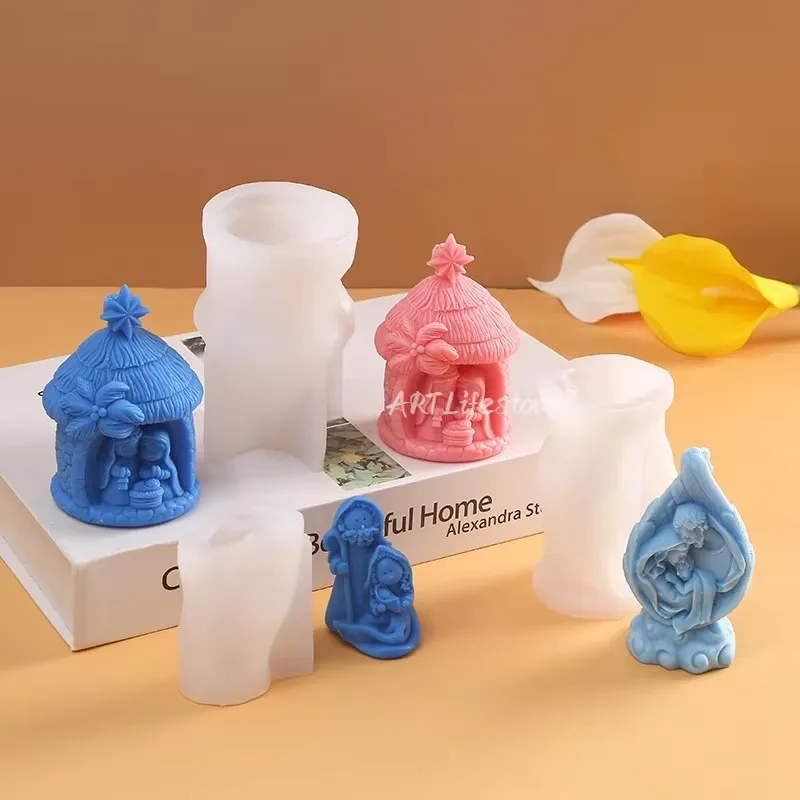 Holy Religion Nativity Silicone Candle Mold 3D Stone House Aromatherapy Plaster Soap Epoxy Crafts Casting Mould Baby Birth Gift