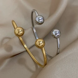 Greatera Minimalist Double Ball Stainless Steel Cuff Bracelet Bangle for Women Gold Plated Opening Bracelets Party Jewelry
