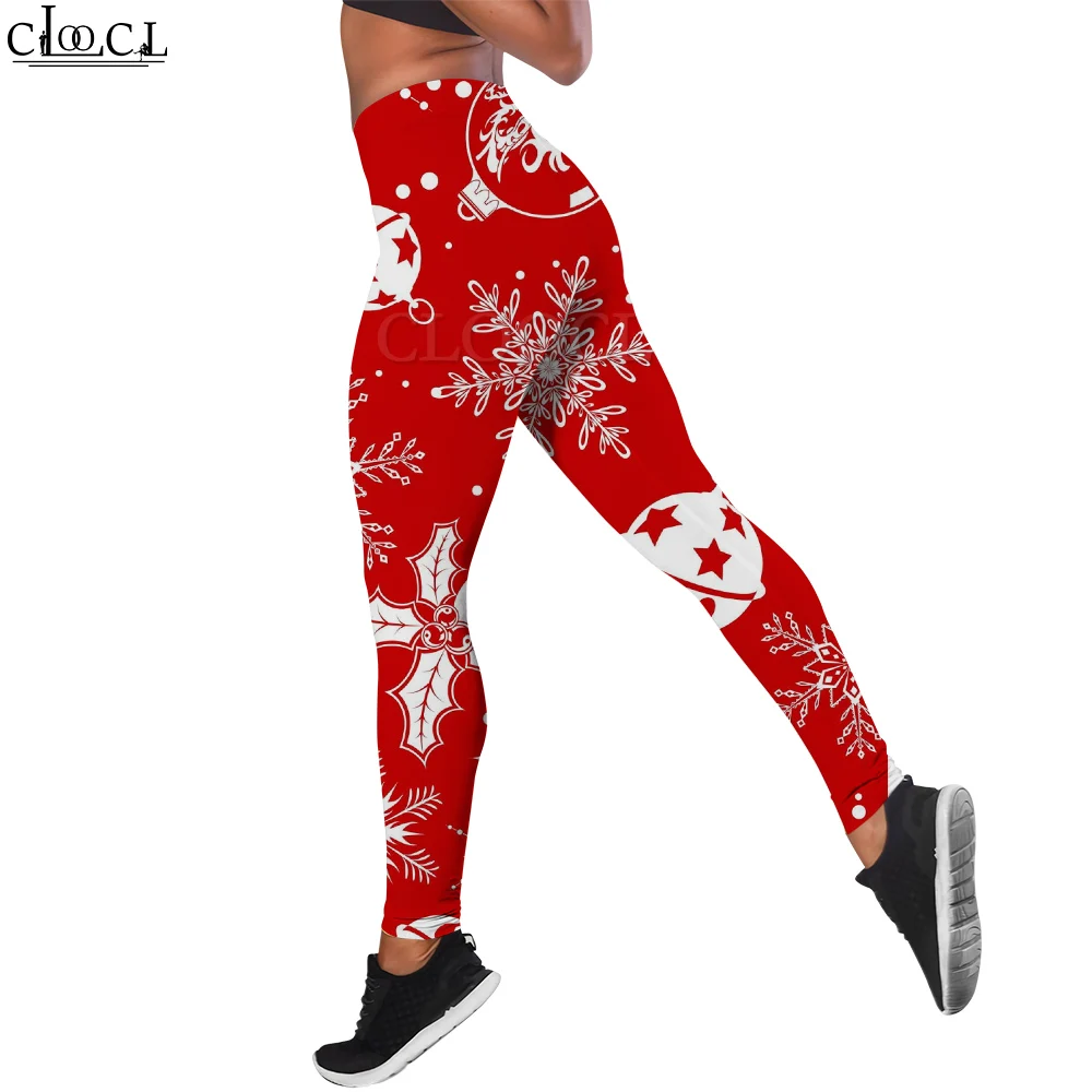 CLOOCL Rote Damen-Leggings mit Weihnachtsglocke und Schneeflocken-Aufdruck für Damen, Workout, Push-Up, Jogging, atmungsaktiv, enge Leggings