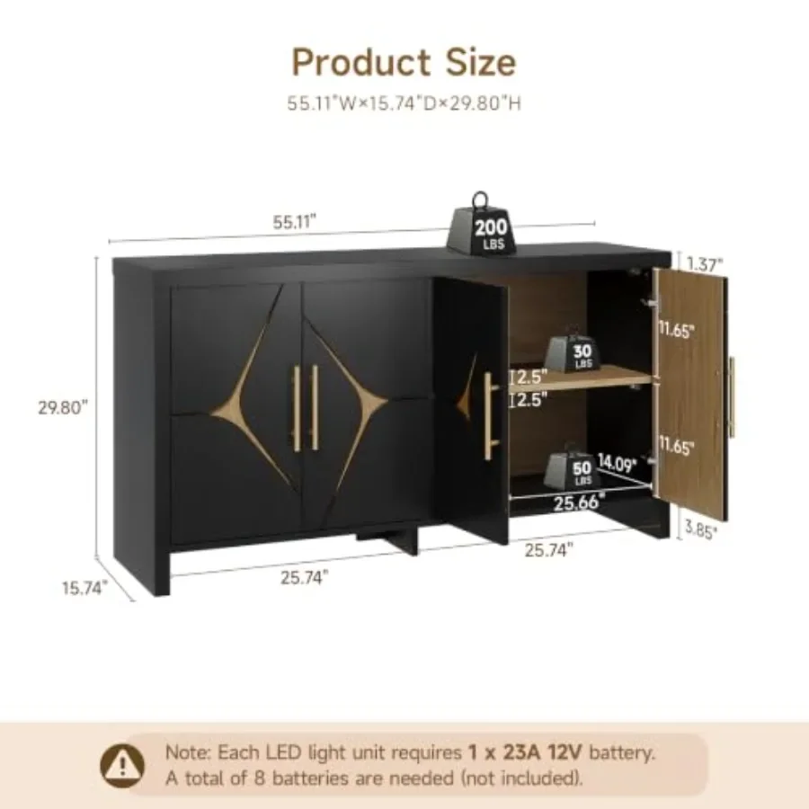 55 Buffet Cabinet with Storage, Adjustable Shelves for Dining Room, Wood, Natural Finish, Spacious and Customizable Interior