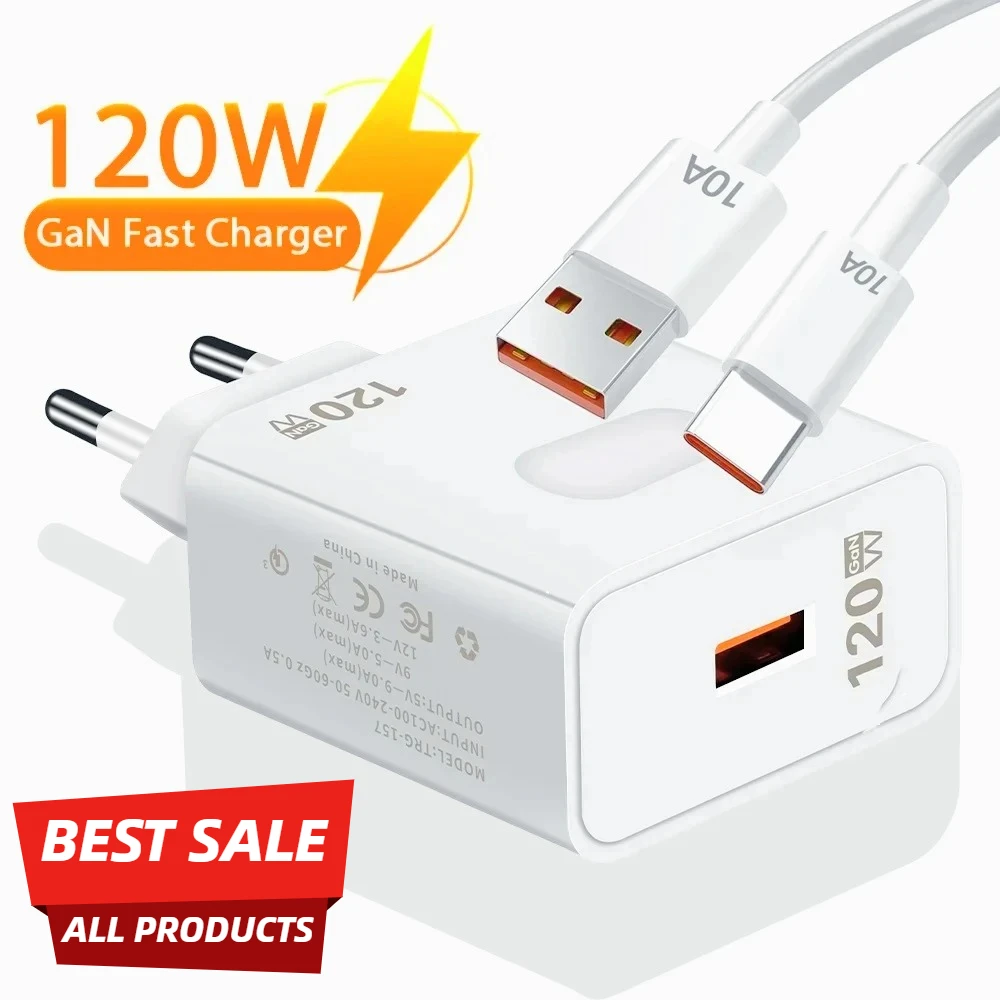 120W USB Charger GaN Fast Charging Quick Charge QC3.0 Type C Cable Mobile Phone Wall Adapter for Huawei Redmi Xiaomi 17 Oneplus