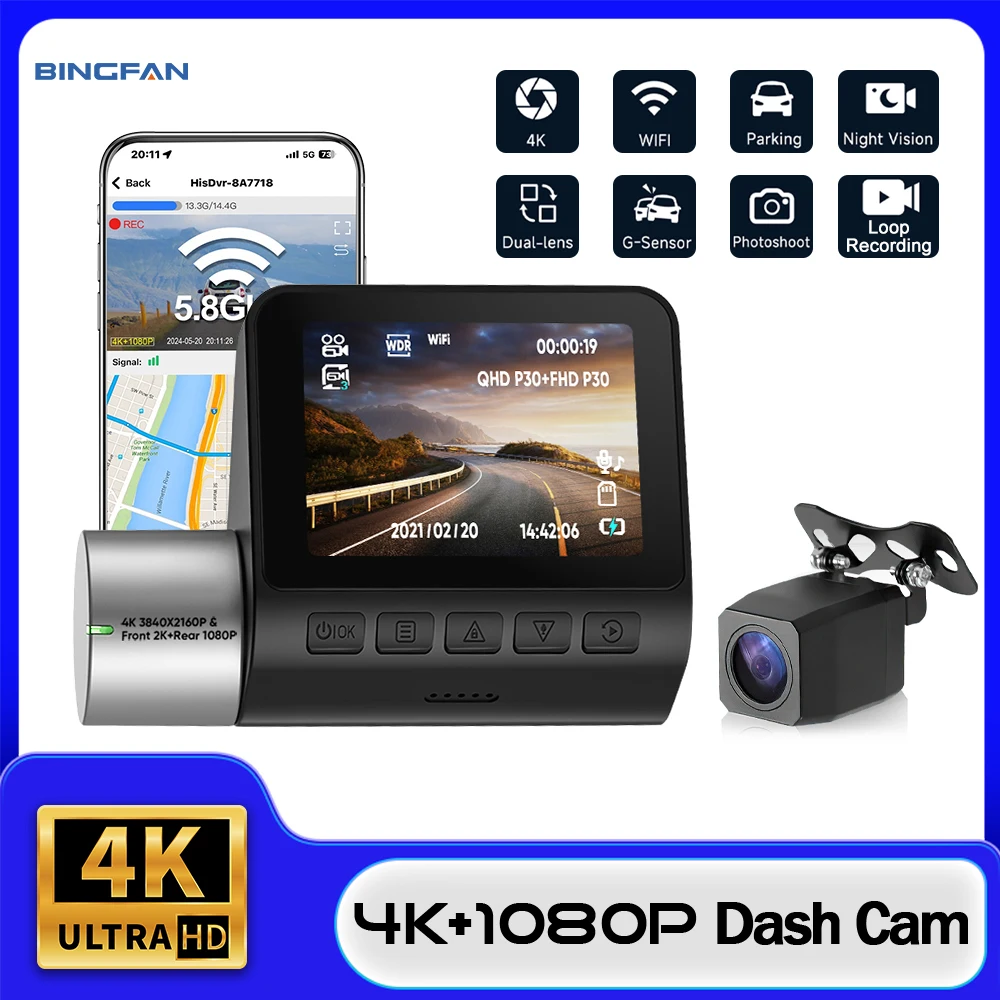 

2 Channel Dash Cam 4K Recording Car DVR Camera for Dash Cam Night Vision Video Recorder Built-In Wi-Fi 24H Parking Monitor