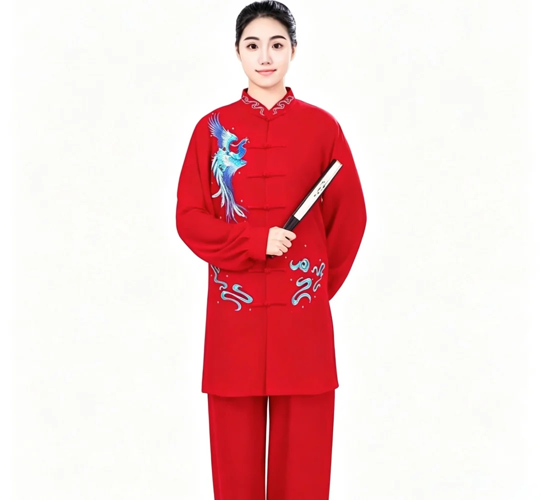 Chinese Style Dragon Phoenix Embroidered Tai Chi Suit Ladies Pearl Stretch Cotton Martial Arts Training Performance Outfit