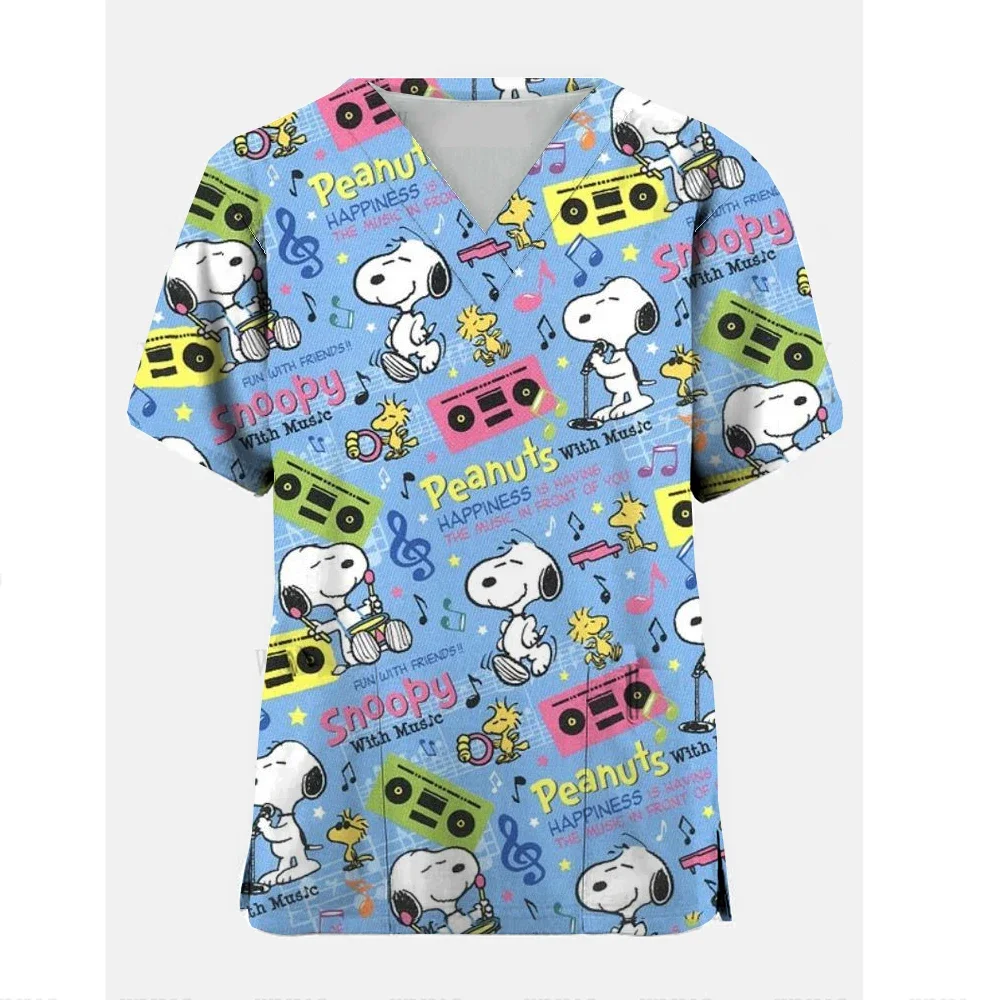 Snoopy Tshirt Cartoon Women Uniform Print Pocket Blouse Short Sleeve Womene Vneck Tops Nurse Uniform Shop Workwear Heathcare ﻿