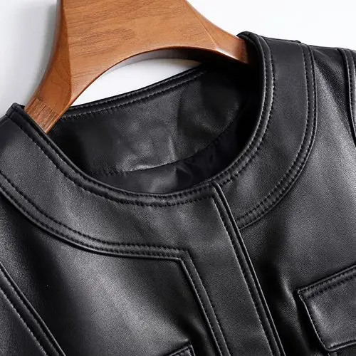 Chaqueta de cuero genuino para mujer, cuello redondo, correa de cuero de oveja, estilo corto, temperamento, manga larga, motocicleta, nuevo