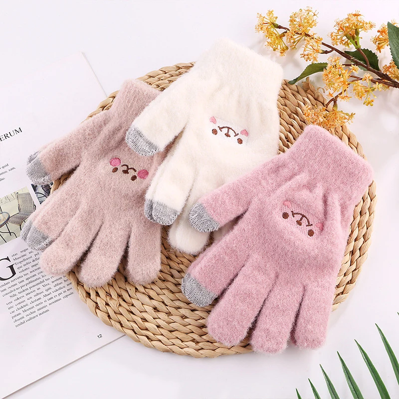 Cute Warm Gloves Women Girls Winter Fluffy Knitted Fingerless Gloves Wool Touchscreen Phone Full Finger Mittens