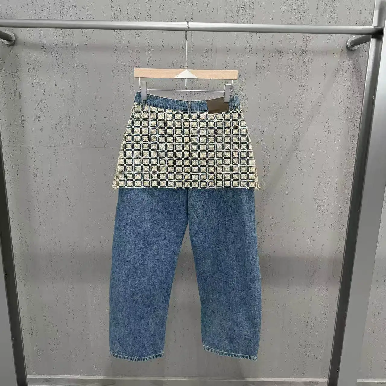 High Street Jean Pants Women's Autumn and Winter Crochet Checkered Patchwork Fake Two Piece Wide Leg Denim Pants