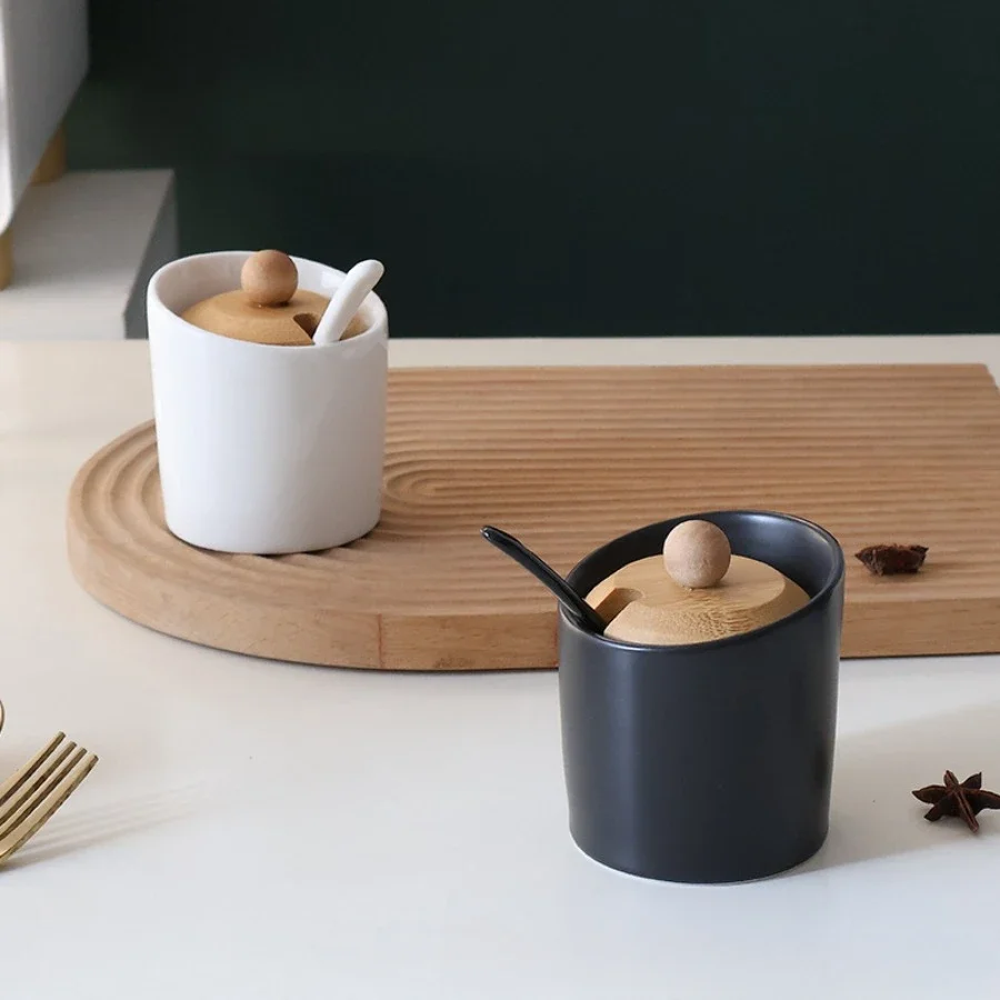 Vintage Ceramic Seasoning Jar with Slanted Mouth Lid Storage Box Set Multifunctional Moisture-proof Storage Jar Kitchen Supplies