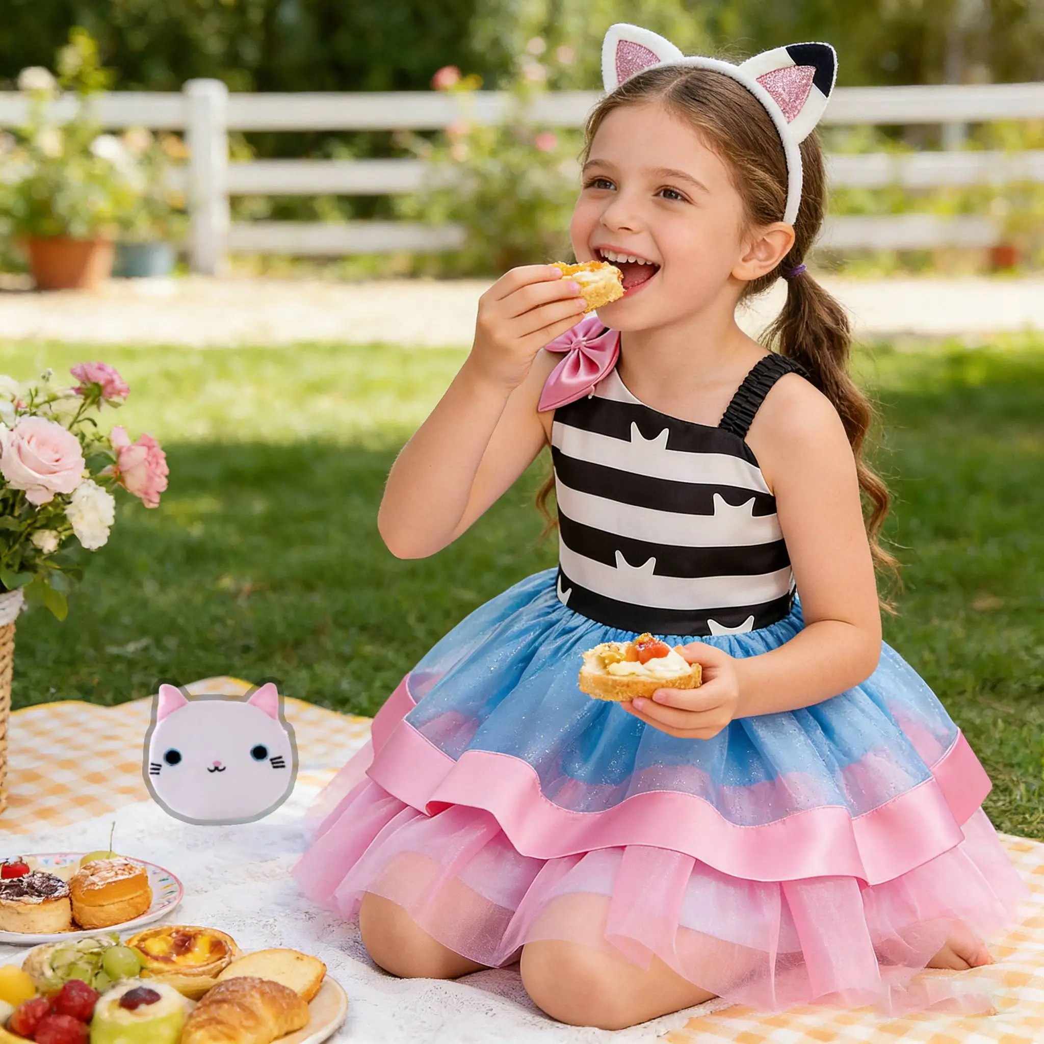 

Костюм Габби из мультфильма «Кукольный домик Габби»: летнее платье-пачка с кошачьим принтом 2026, милое полосатое сетчатое платье для девочек-малышек с повязками на голову и сумочкой для монет