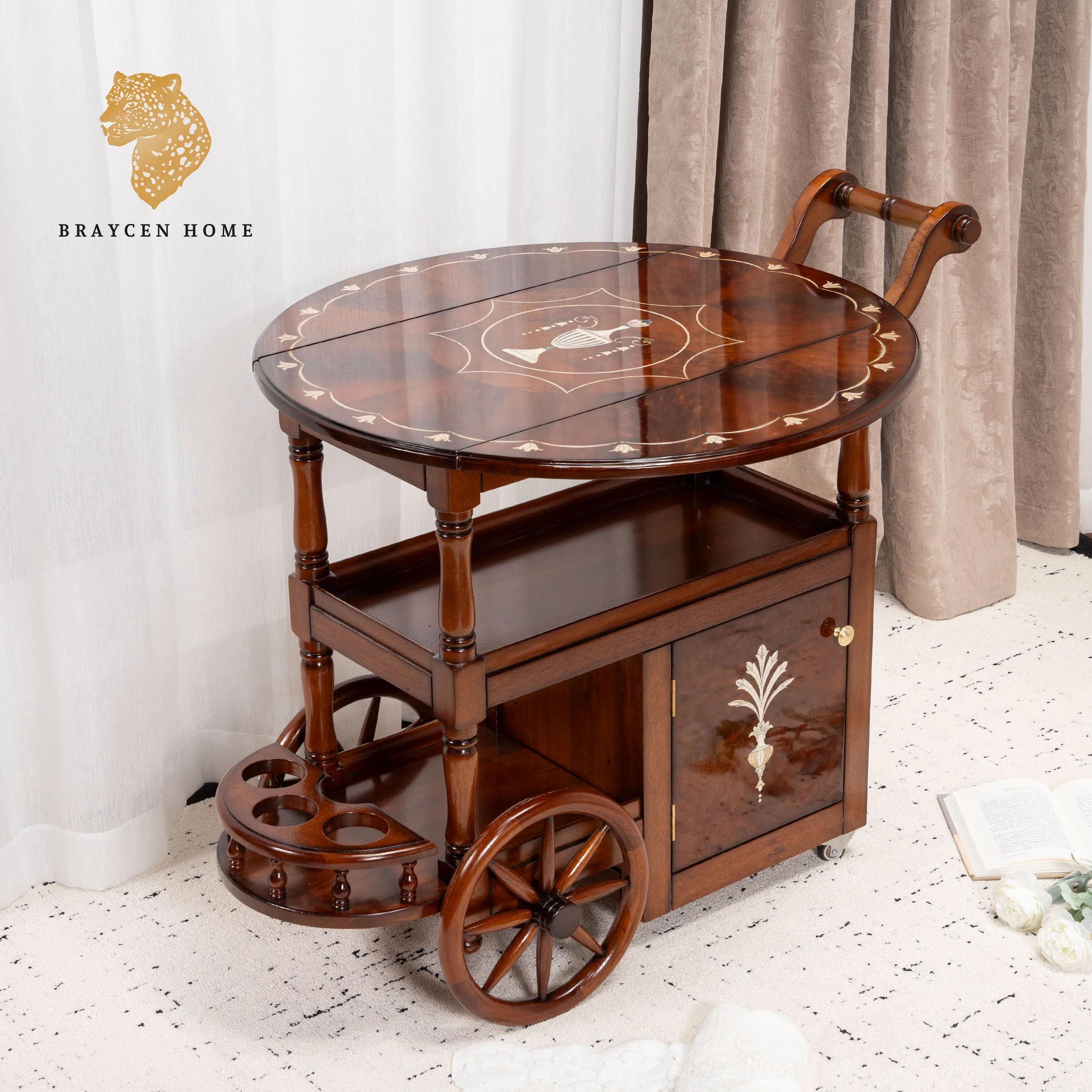 2 Tier Coffee Table Trolley Luxury Dining Middle East Trolley with Wheels Medieval Utility Cart for Hotel Restaurant Wine Car