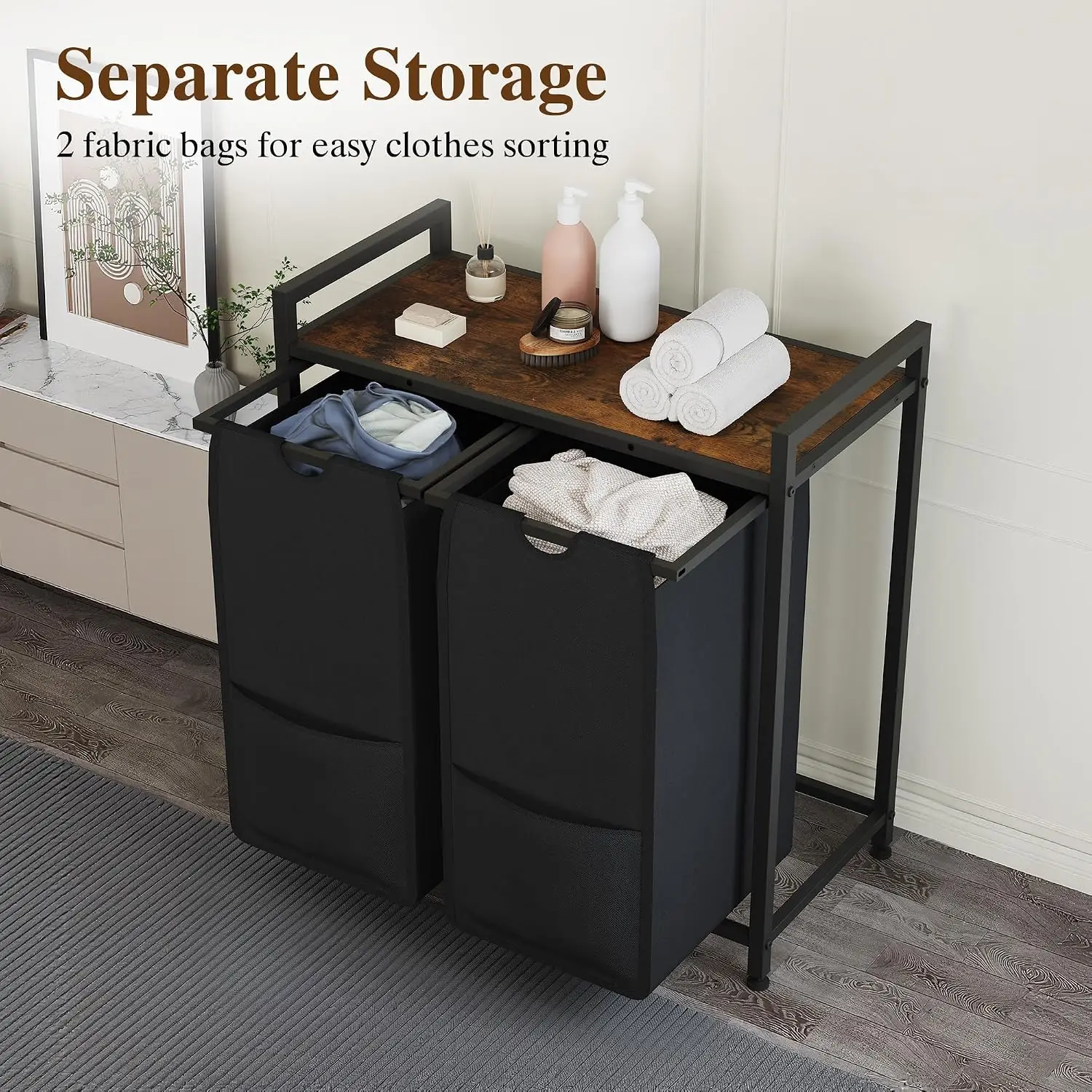 Laundry Sorter 2 Section, Laundry Hamper with Shelf, 97L Laundry Basket with Shelf, Removable Bags, Pockets, for Laundry Room, Bathroom & Bedroom, Rustic Brown and Black