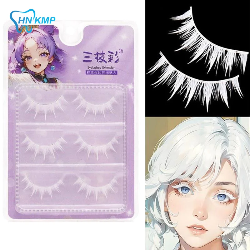 Cosplay Ready 3Pairs White Eyelashes with Cross Strip Style for Natural Long Look