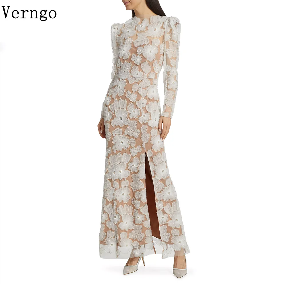 

Verngo White Flowers Tulle Evening Dress Full Sleevs Mermaid Prom Gowns Women Elegant Formal Occasion Dresses Customized