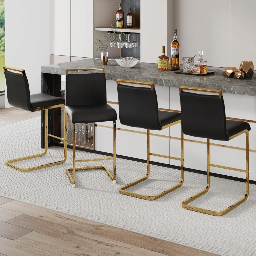 Bar Stools Set of 4,Counter Height Bar Stools with Backs,Black Faux Leather Kitchen Stools with Gold Chrome Plated Metal Leg