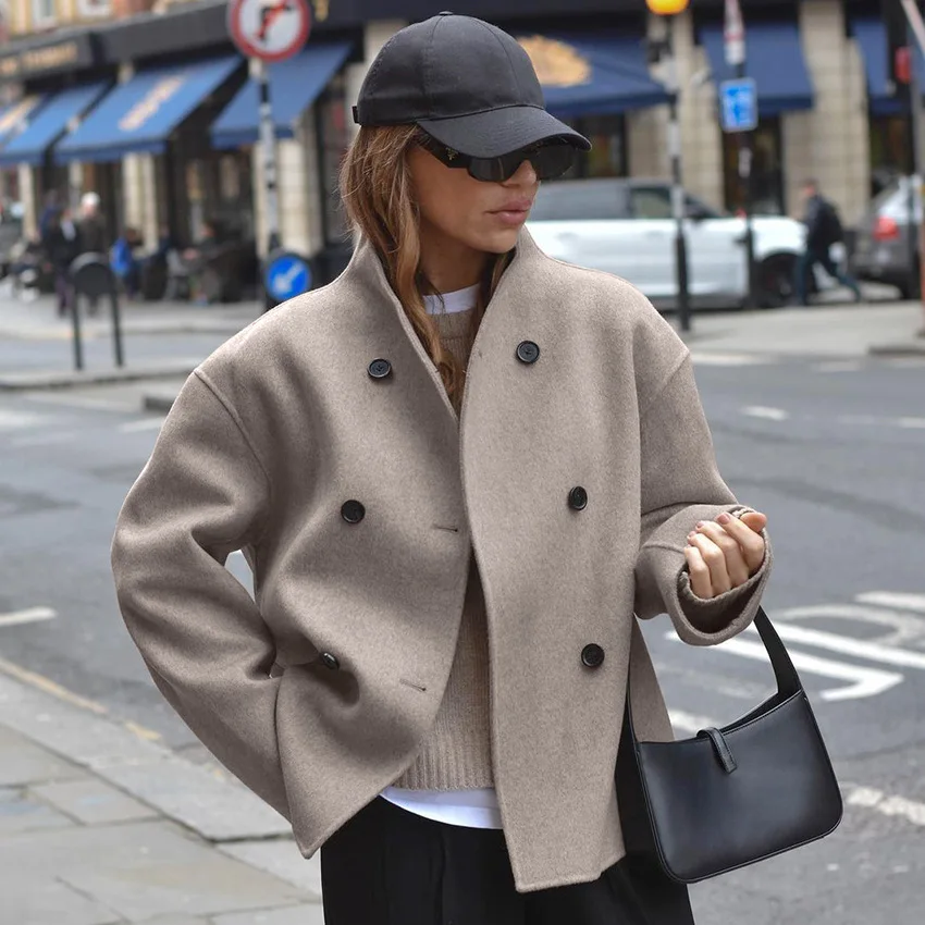 Solid High Neck Double Button Topcoat Dropped Shoulder Loose 2025 Autumn Short Elegant Jacket Women Urban Casual Lady Outerwear