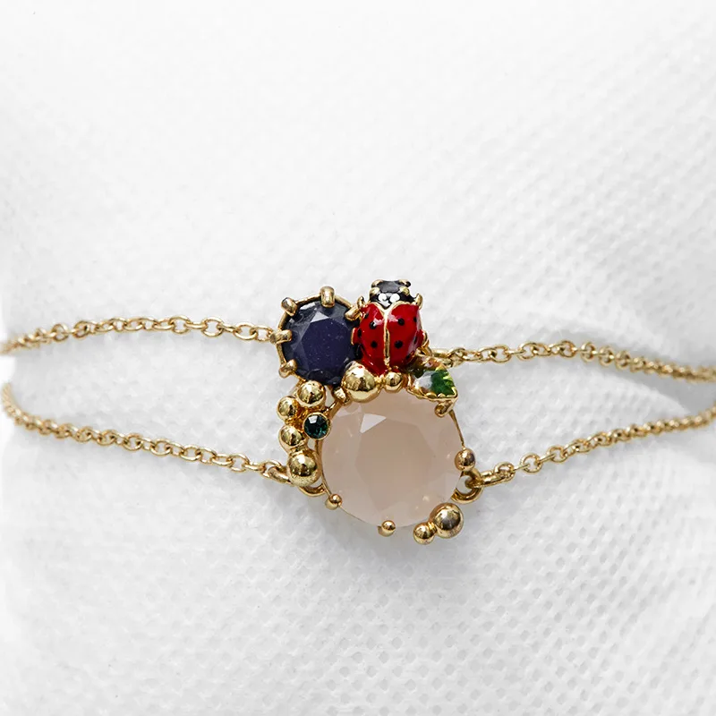 Simple New Fashion Handpainted Enamel Ladybug Pink Opal Gem Double Chain Adjustable Bracelet Gold Plated Hand Jewelry for Women