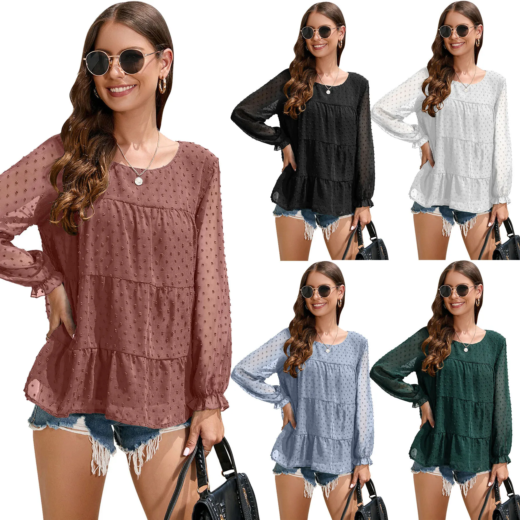 2024 Spring Autumn Women's Long Sleeve Tops Chiffon Round Neck Ruffled Top Female Solid Color Jacquard Women's Top With Sleeves