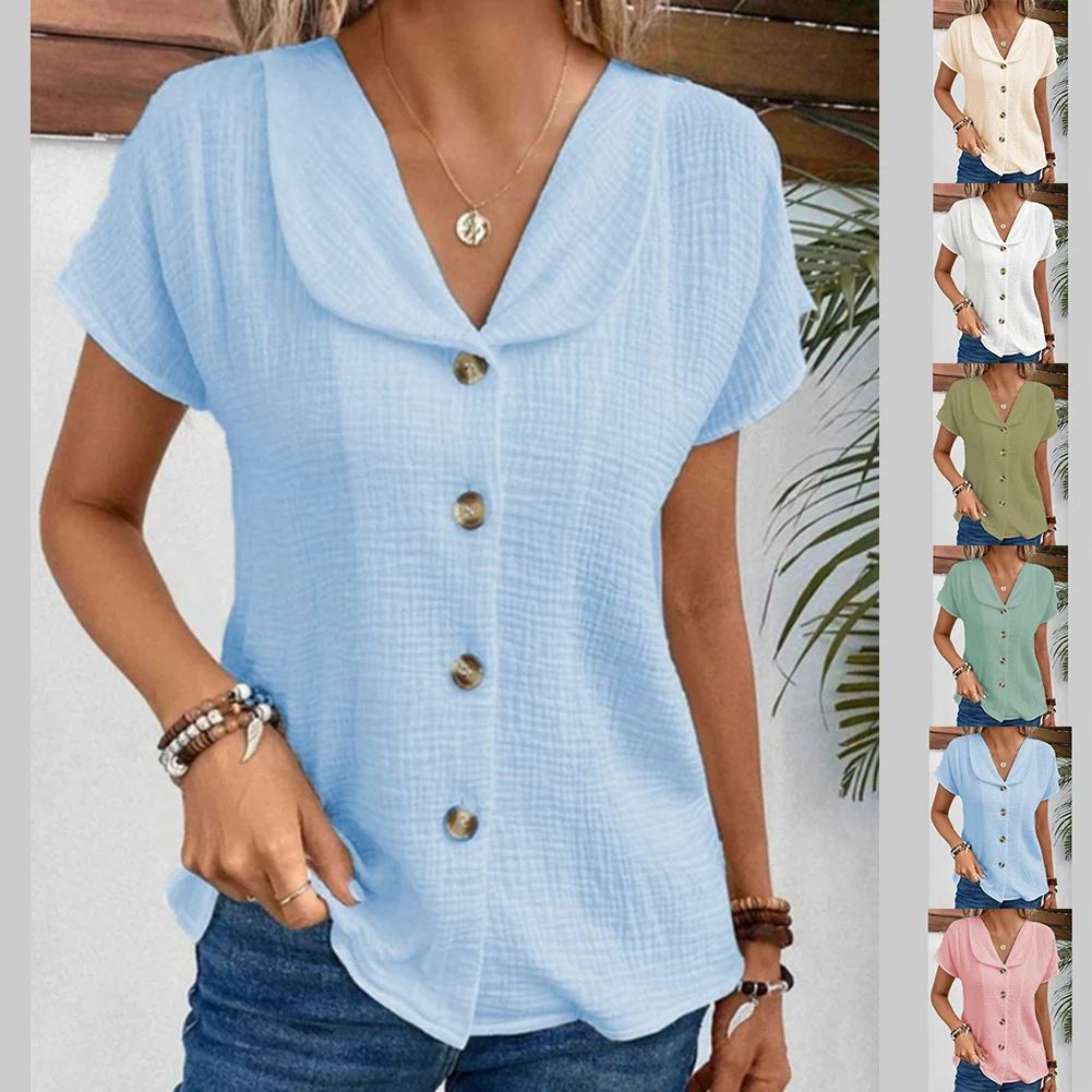 

Women Short Sleeved Button Down Shirt Breathable Casual Blouse Ladies V-neck Lapel Loose Top Fashion