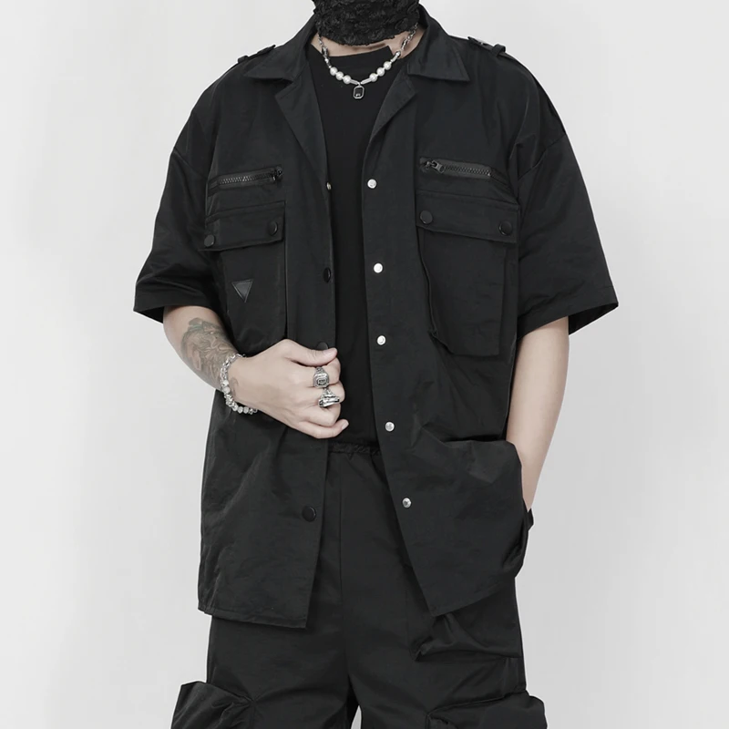 Function of the new men's shirts in summer wind Cuba male black tooling coat collar loose shirts with short sleeves