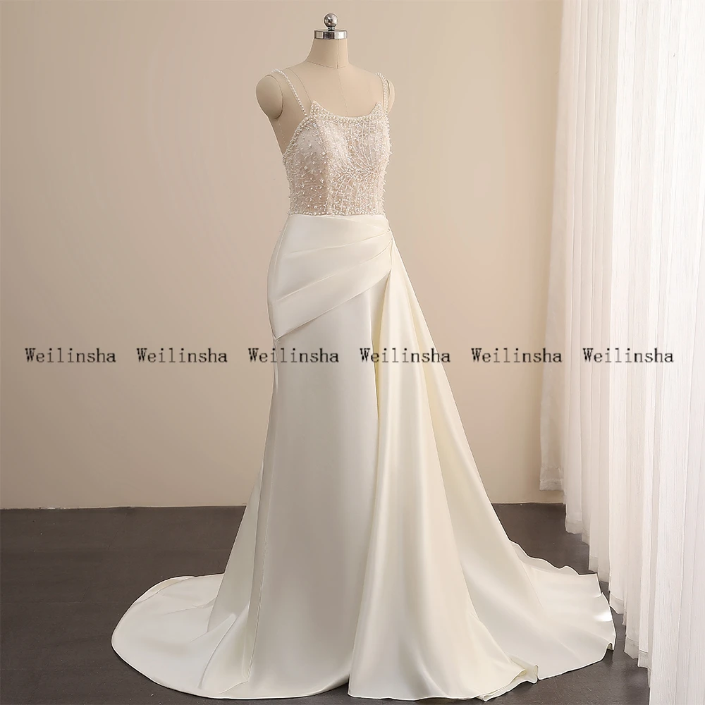 

Weilinsha Spaghetti Strap Ivory Satin Bridal Gowns for Bride 2022 Beading Wedding Dresses Chapel Train Robe De Mariée Summer