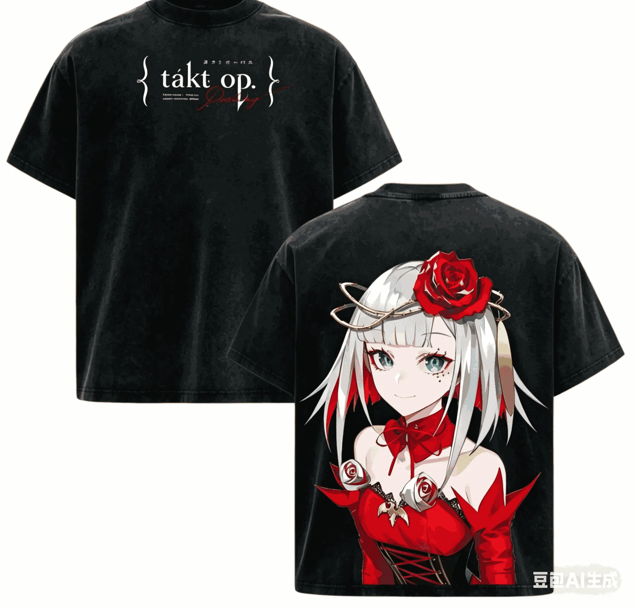 2026 Takt Op. T-shirt Destiny, tee-shirt en coton délavé avec impression artistique de roses double face Cosette, streetwear décontracté surdimensionné pour les fans
