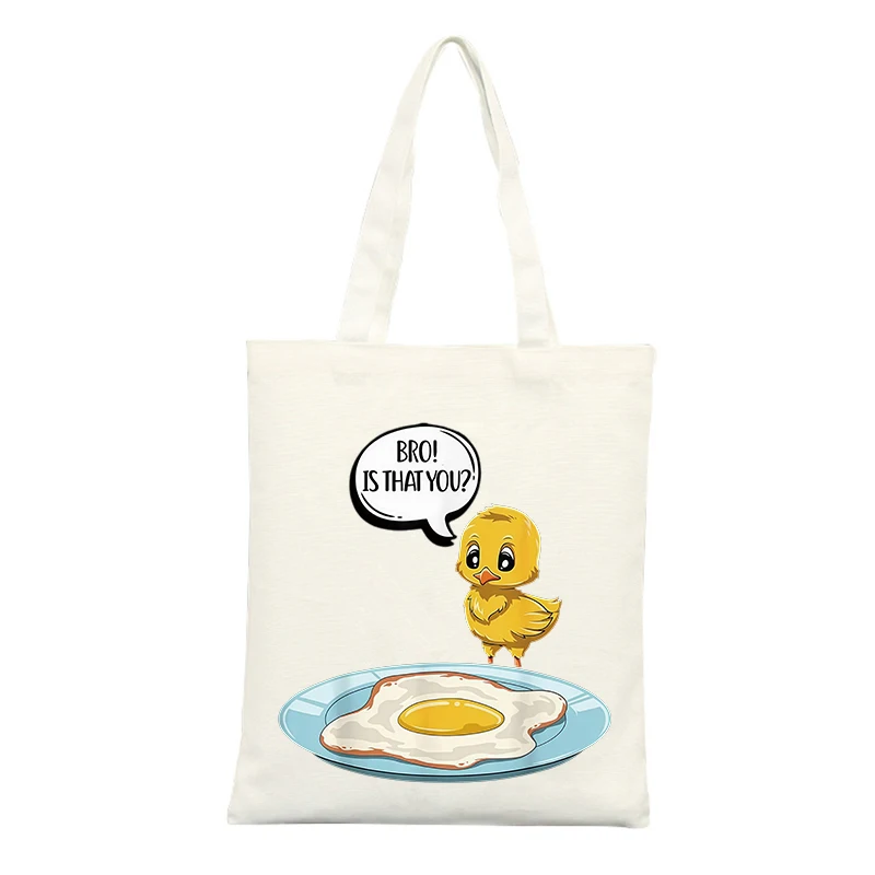 Canvas Tote Bag with Cute Chick and Egg Graphic, Casual Style for Daily Shopping and Summer Outings