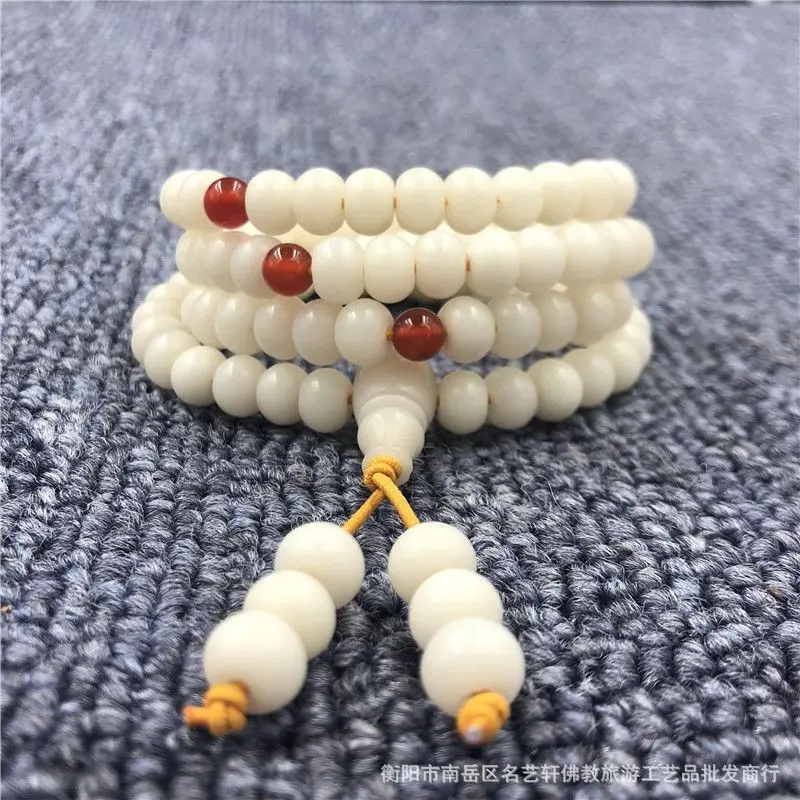 

Craftsman Creation108White Corypha Umbraculifea Bracelet White Jade Bodhi Root Bracelet Apple round Red Agate Spacer Beads