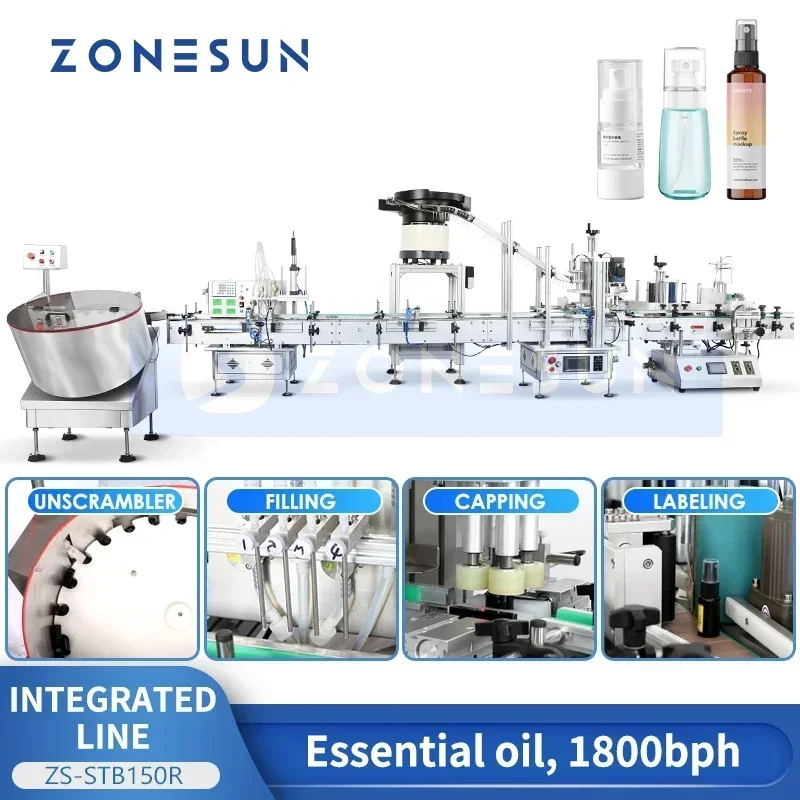 ZONESUN Linea di produzione automatica Flacone Riempitore per bottiglie Tappo a vite Unscrambler Alimentatore Etichettatrice per bottiglie rotonde ZS-FAL180D3