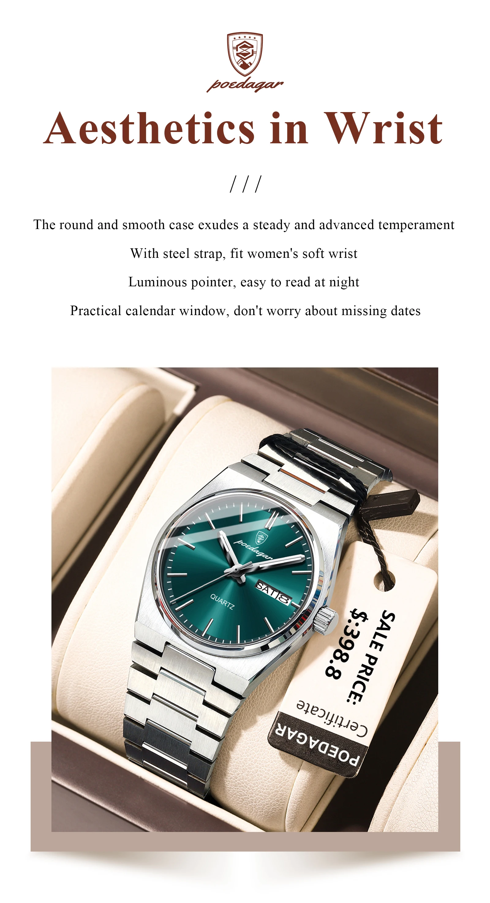 POEDAGAR Elegante Uhren Für Frauen Wasserdicht Leucht Datum Woche Damen Uhr Quarz Edelstahl Frau Mode Armbanduhr – Detail 3