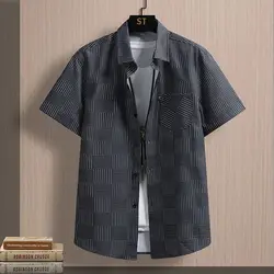 Simplicity Summer Shirts Ice Silk Men's Square Collar Striped Printing Pockets Single Breasted Fashion Loose Short Sleeve Tops