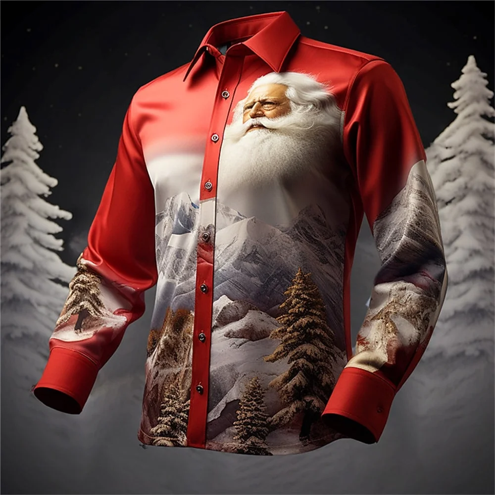 10 Colors Christmas Men's Santa Claus Printed Shirt Santa Claus Mountain View Leisure Outdoor Street Autumn/Winter Collar Long