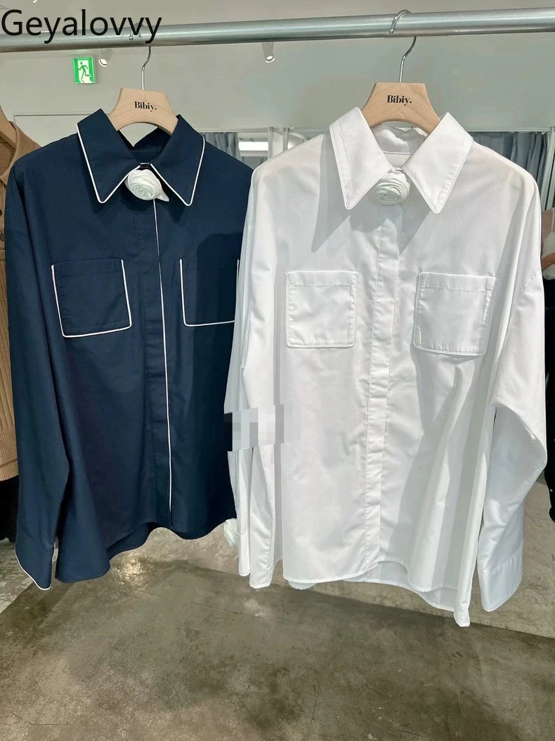 

Japanese Spring Autumn New Lapel Three-dimensional Rose Tooling Style Shirt Sweet Girls Versatile Long-sleeved Solid Color Top