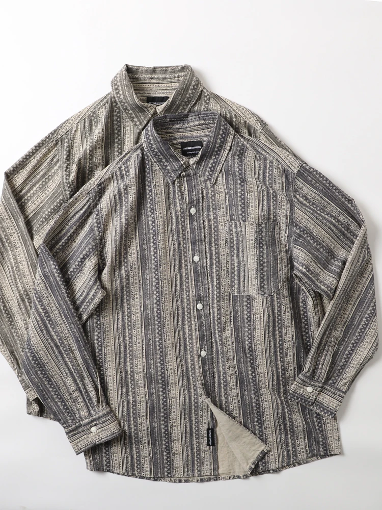 

Высококачественная винтажная мужская рубашка из чистого хлопка с принтом и полосками, с длинным рукавом, свободного кроя, весенняя, трендовая, повседневная верхняя одежда