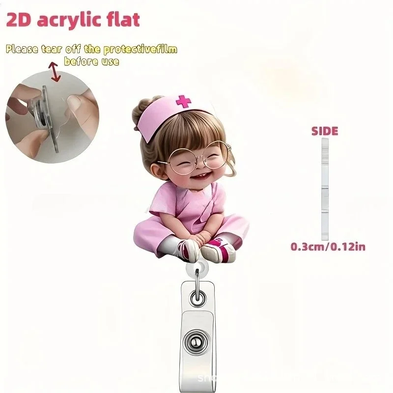 2D Flat, 1pc Cute Nurse Girl with Glasses Pattern Badge Scroll Holder, with Retractable Drawstring, Acrylic Nurse ID Clip
