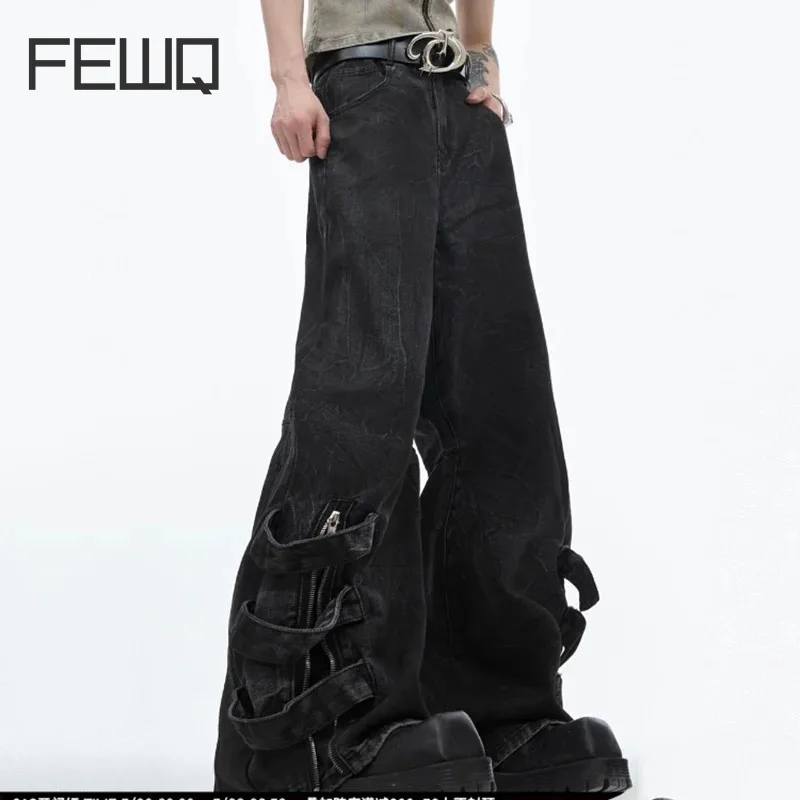 FEWQ Strap Design Pleated Men Jeans Loose Casual Pants  High Street Solid Color Male Trousers Korea Fashion Vintage 24E1175