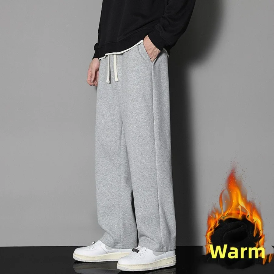 

Осень-зима, новые мужские однотонные свободные спортивные брюки, прямые спортивные штаны с широкими штанинами в корейском стиле, толстые и теплые флисовые повседневные брюки