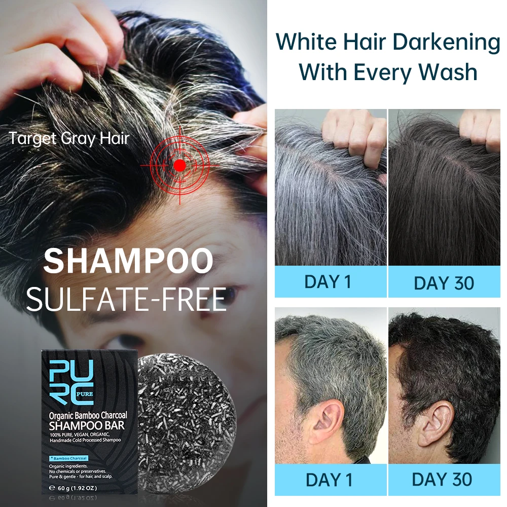 Barra de champú de 3 piezas para oscurecer el cabello, jabón de carbón de bambú, limpieza anticaspa, tratamiento espumoso para el cabello, champús