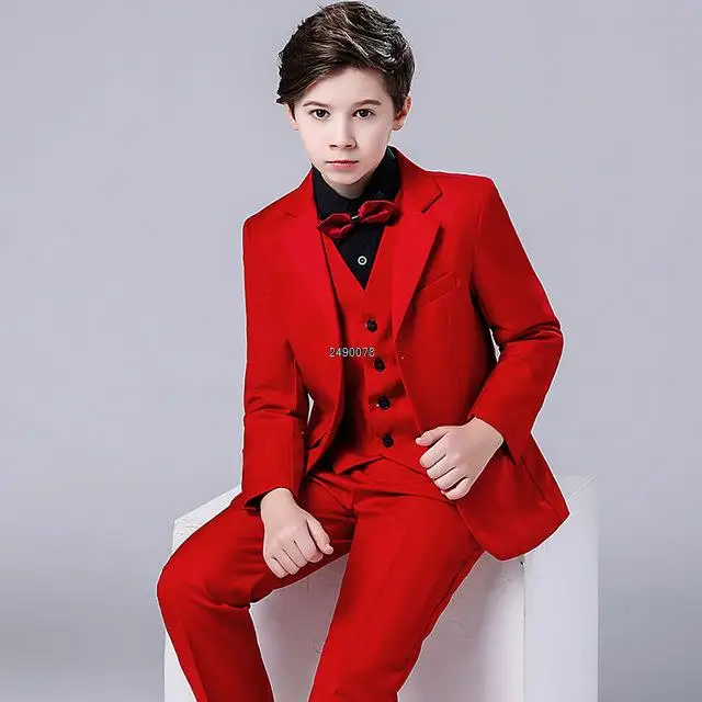 Kids Navy Blue Wedding Suit For Boys Birthday Photography Dress Child Red Blazer School Performance Party Prom Clothing Set